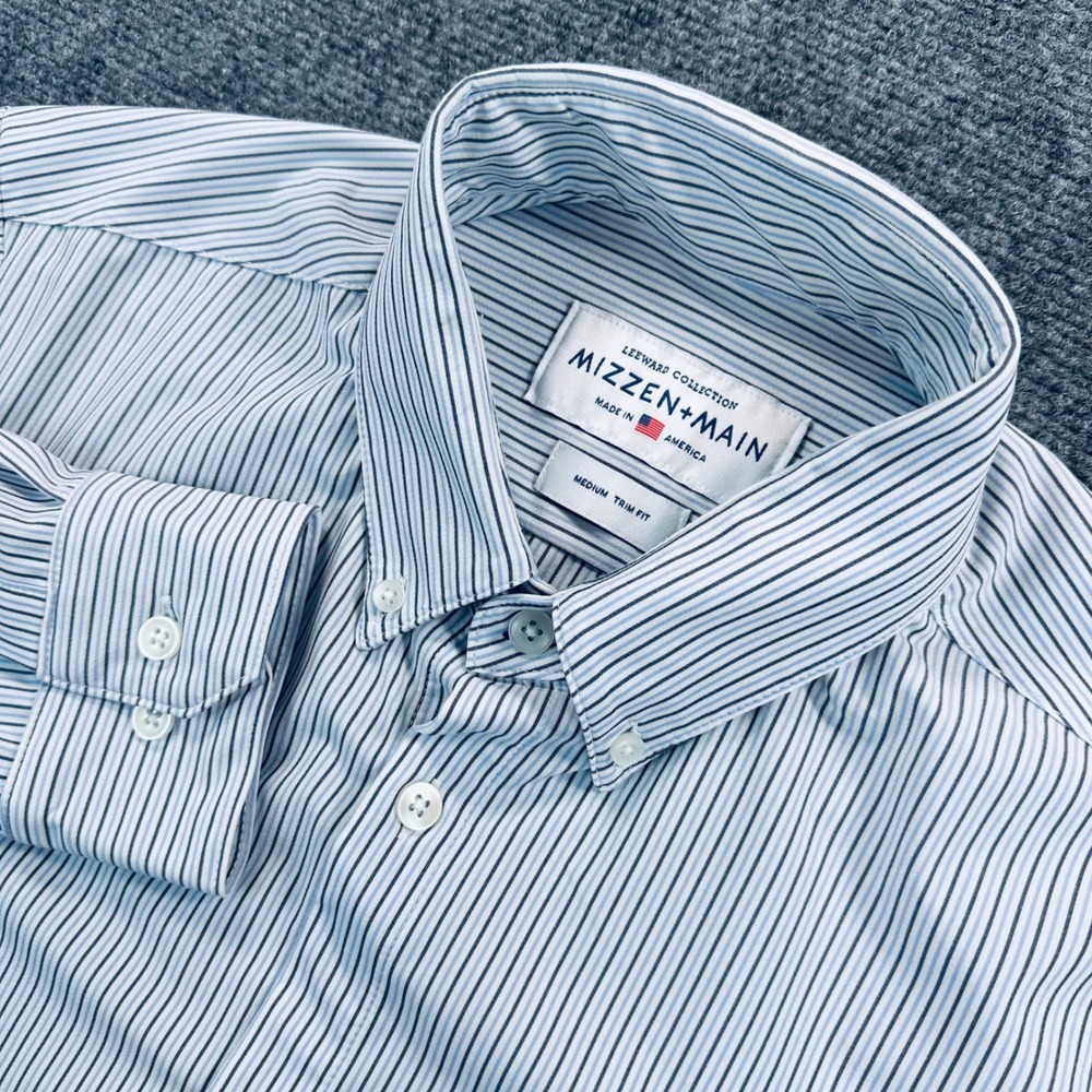 Mizzen+Main Men's M Leeward Blue White Striped Trim Fit Performance Dress Shirt